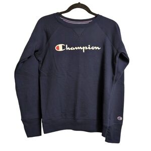 Champion Navy Blue Script Logo Crew Neck Ribbed Cuffs Athletic Sweatshirt XS